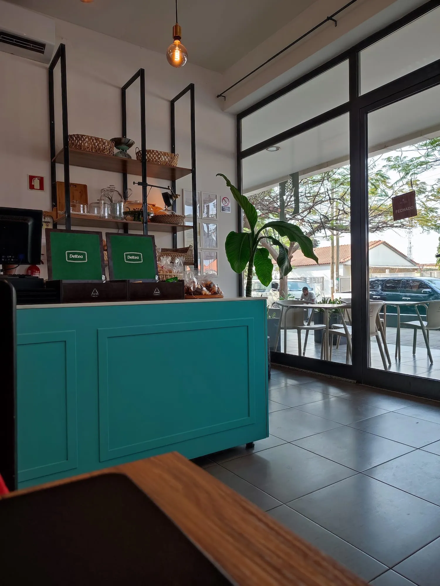 O balcão turquesa do Café, com prateleiras pretas, plantas e janelas grandes para a rua